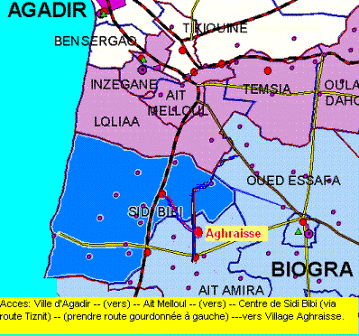 Accs au village Aghraisse: Une fois arriv  Sidi Bibi sur la route de Tiznit, Vous devez prendre la rooute goudronne au centre  gauche. Aghraisse est  env. 6 Km